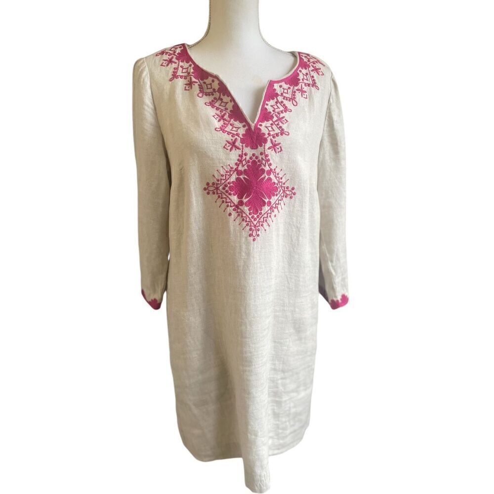 Tommy Hilfiger 100% Linen Embroidered Casual Dress V Neck Tan/ Pink L